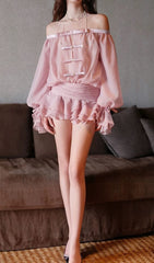 Darragh Elegant Blush Off-Shoulder Ruffle Skort Romper