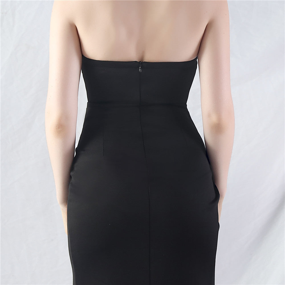 Chizue Black Strapless Corset Boned Maxi Dress with High Slit