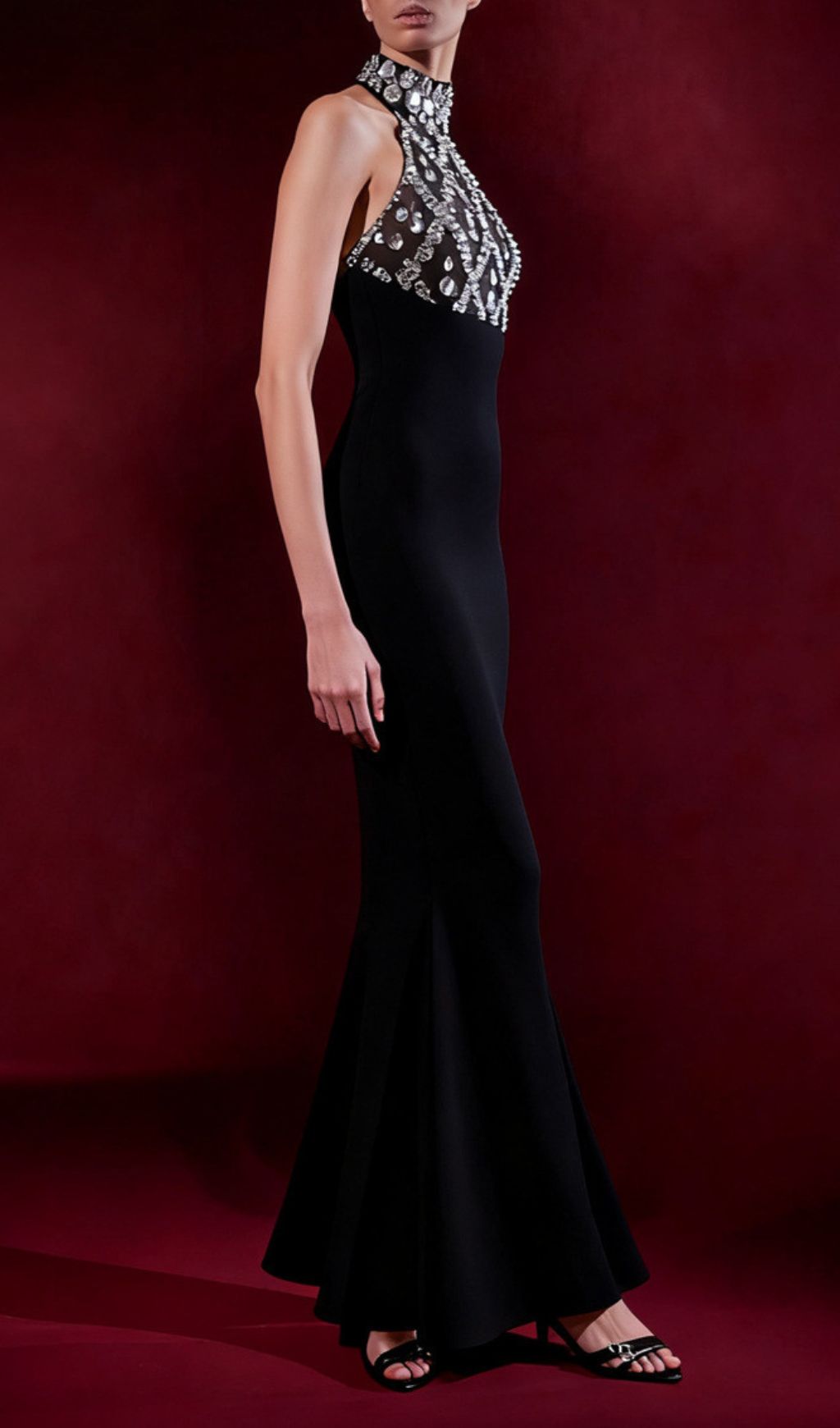 Iwao Black Halter Rhinestone Maxi Gown