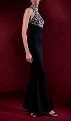 Iwao Black Halter Rhinestone Maxi Gown