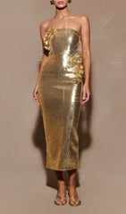 Elish Gold Floral Sequin Strapless Midi Dress