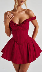 Fiery Red Eyelet Off-Shoulder Corset Mini Dress
