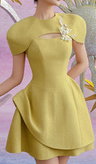 Chic Conlan Yellow Puffed Sleeve Mini Dress with Pearl Floral Accent