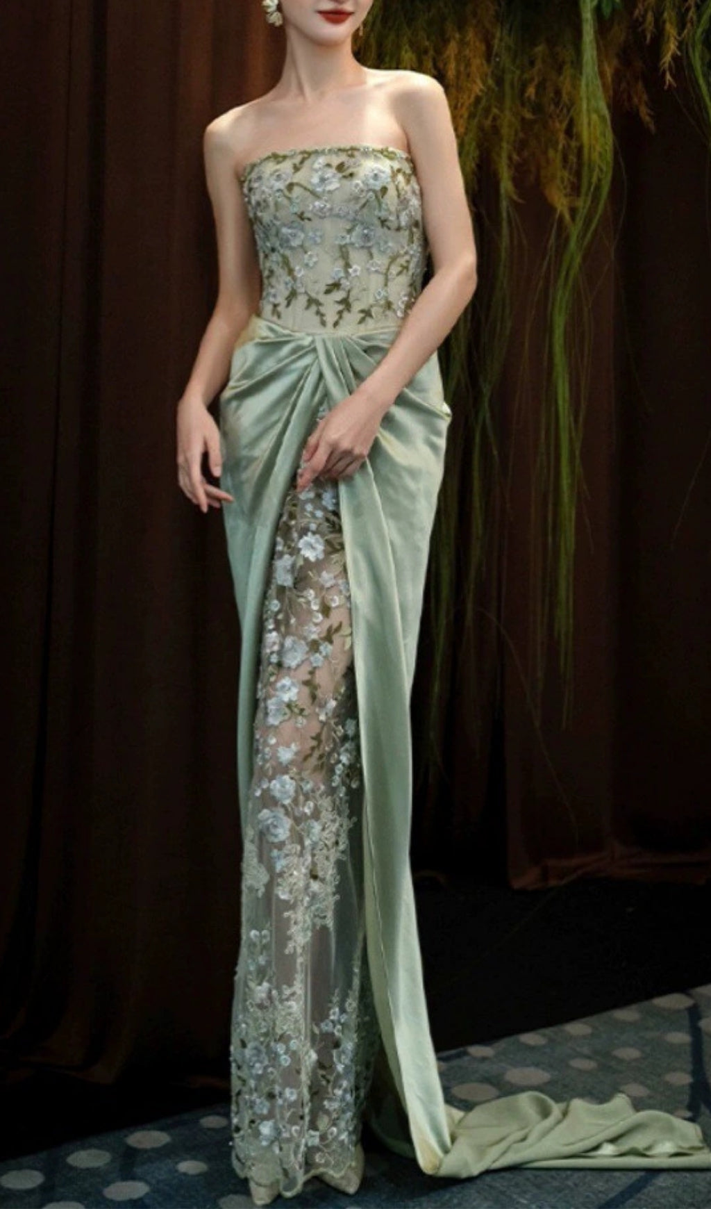 Ellianna Luxe Sage Green Floral Embroidered Strapless Maxi Dress