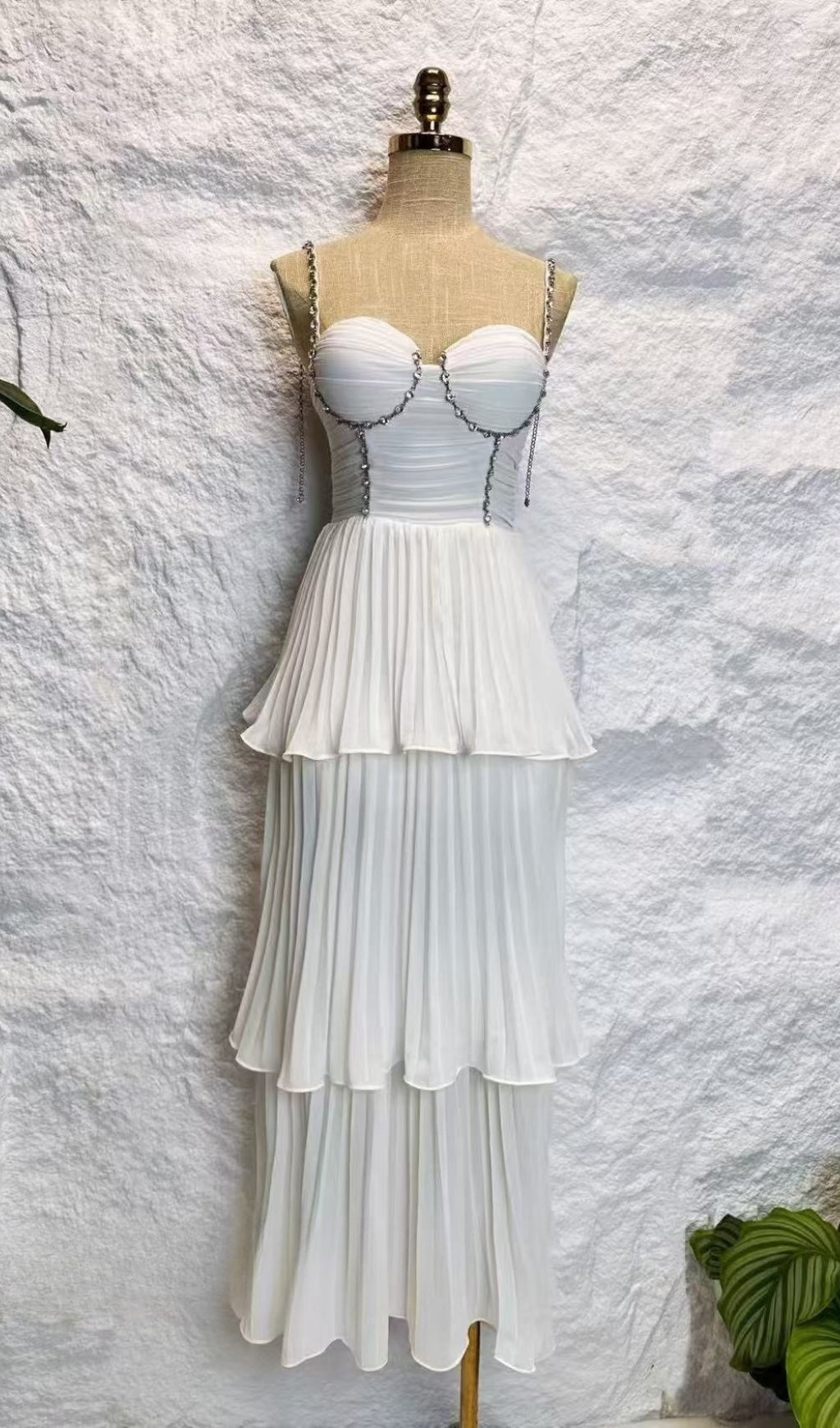 Sparkling Rhinestone Tiered Pleated Midi Dress