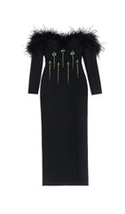 Glamorous Chaya Black Feather-Trim Off-Shoulder Embellished Maxi Gown