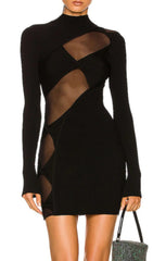 Sultry Black Ribbed Mesh Cut-Out Bodycon Mini Dress