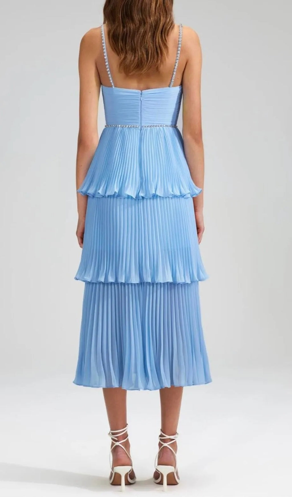 Sparkling Rhinestone Tiered Pleated Midi Dress