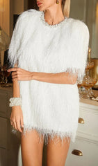 Celena Dazzling White Pearl Fringe Mini Dress