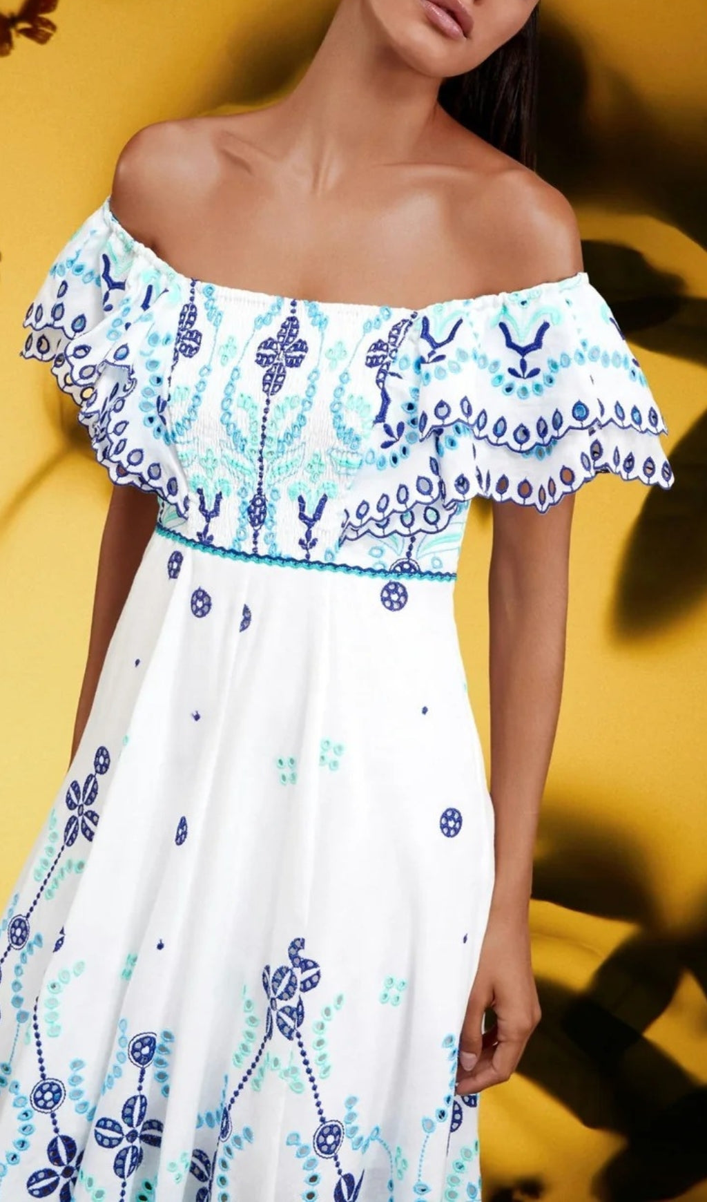 Bonnie Embroidered Ruffle Off-Shoulder Midi Dress