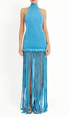 Jamie Dazzling Blue Velvet Halter Fringe Maxi Dress