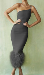 Glamorous One-Shoulder Feather Trim Bodycon Maxi Dress