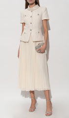Elegant Cream Embellished Tweed-Style & Pleated Midi Dress