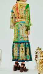 Eliseo Tropical Artistry Vibrant Printed Long Sleeve Midi Dress