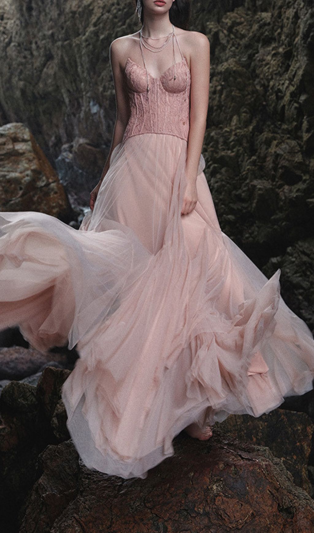 Finja Ethereal Blush Pink Strapless Corset Mesh Maxi Gown
