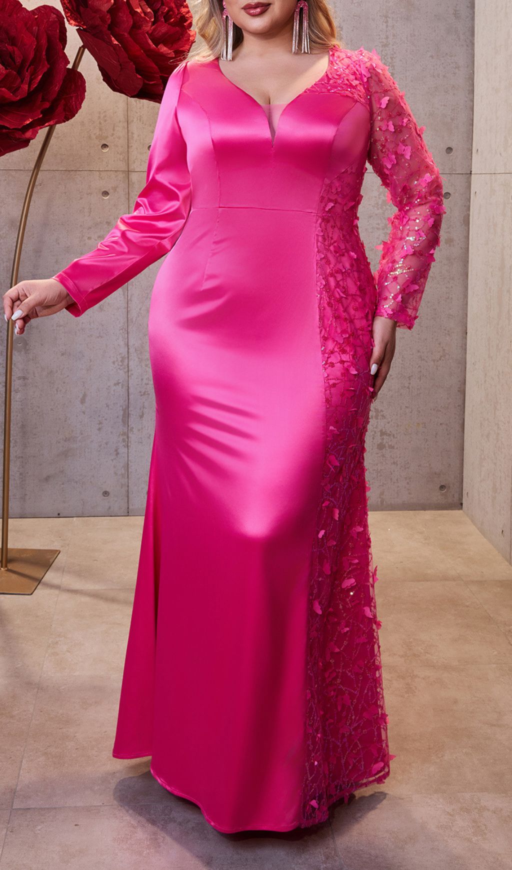 Idina Glamour Pink Plus Size Long Sleeve Sequin Maxi Dress