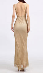 Evelin Shimmering Gold Square Neck Maxi Dress