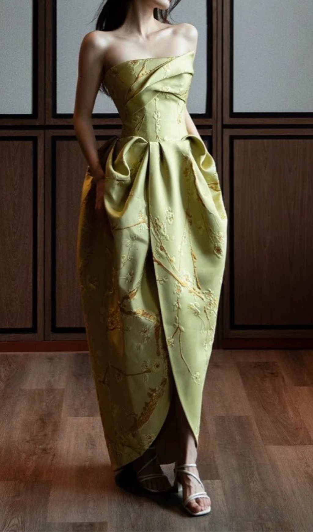 Chic Sage Green Strapless Floral Jacquard Draped Maxi Dress