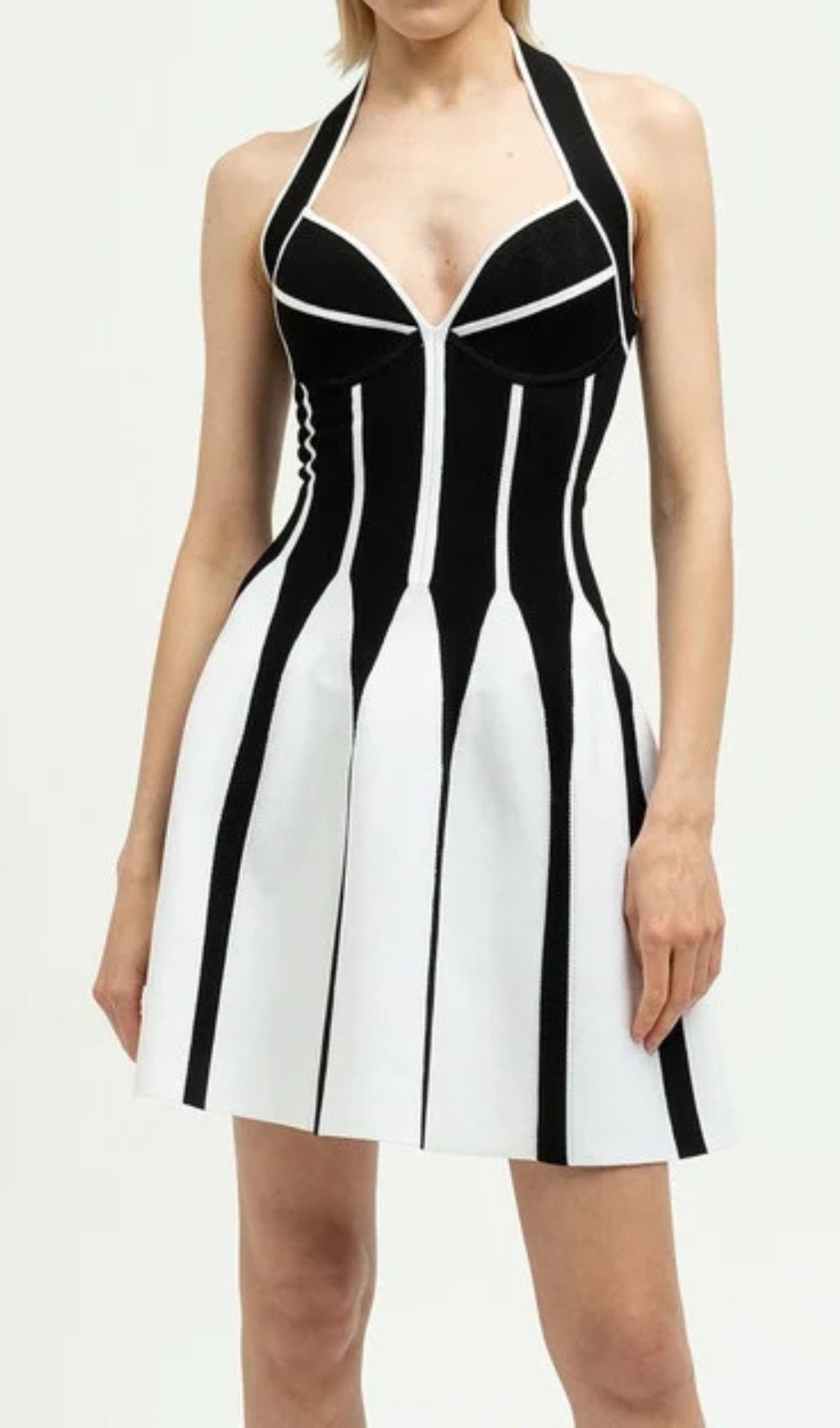 Chic Black & White Halter Mini Dress