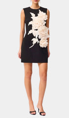 Jocasta Elegant Black Mini Dress with 3D Floral Appliqu
