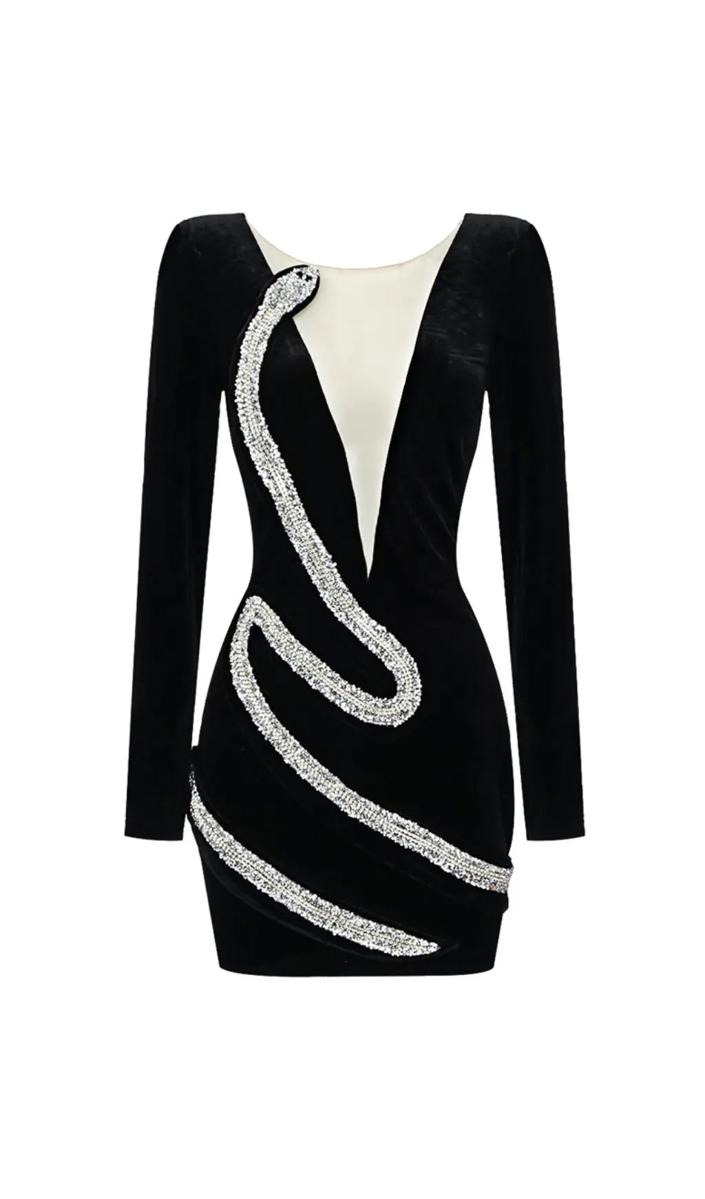 Dazzling Serpenta Rhinestone Deep-V Velvet Mini Dress