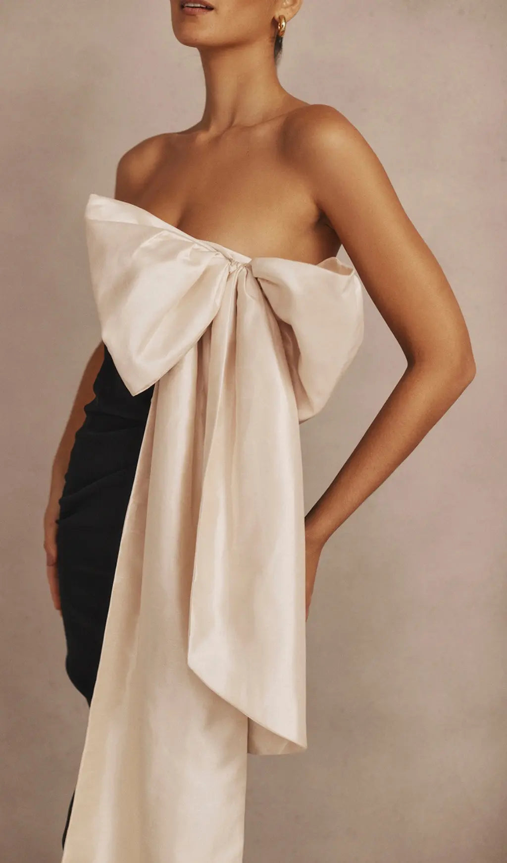 Glamorous Black & Ivory Strapless Mini Dress with Dramatic Bow Detail