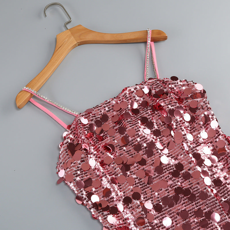 Isabela Dazzling Pink Sequin Mini Dress with Glamorous Chain Straps