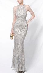 Dazzling Bali Silver Sequin Maxi Dress with Elegant Chain Shoulder Detail