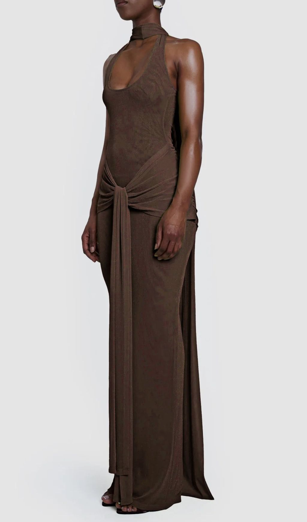 Guoda Luxe Coffee Brown Halter Maxi Dress with Chic Knot Detail