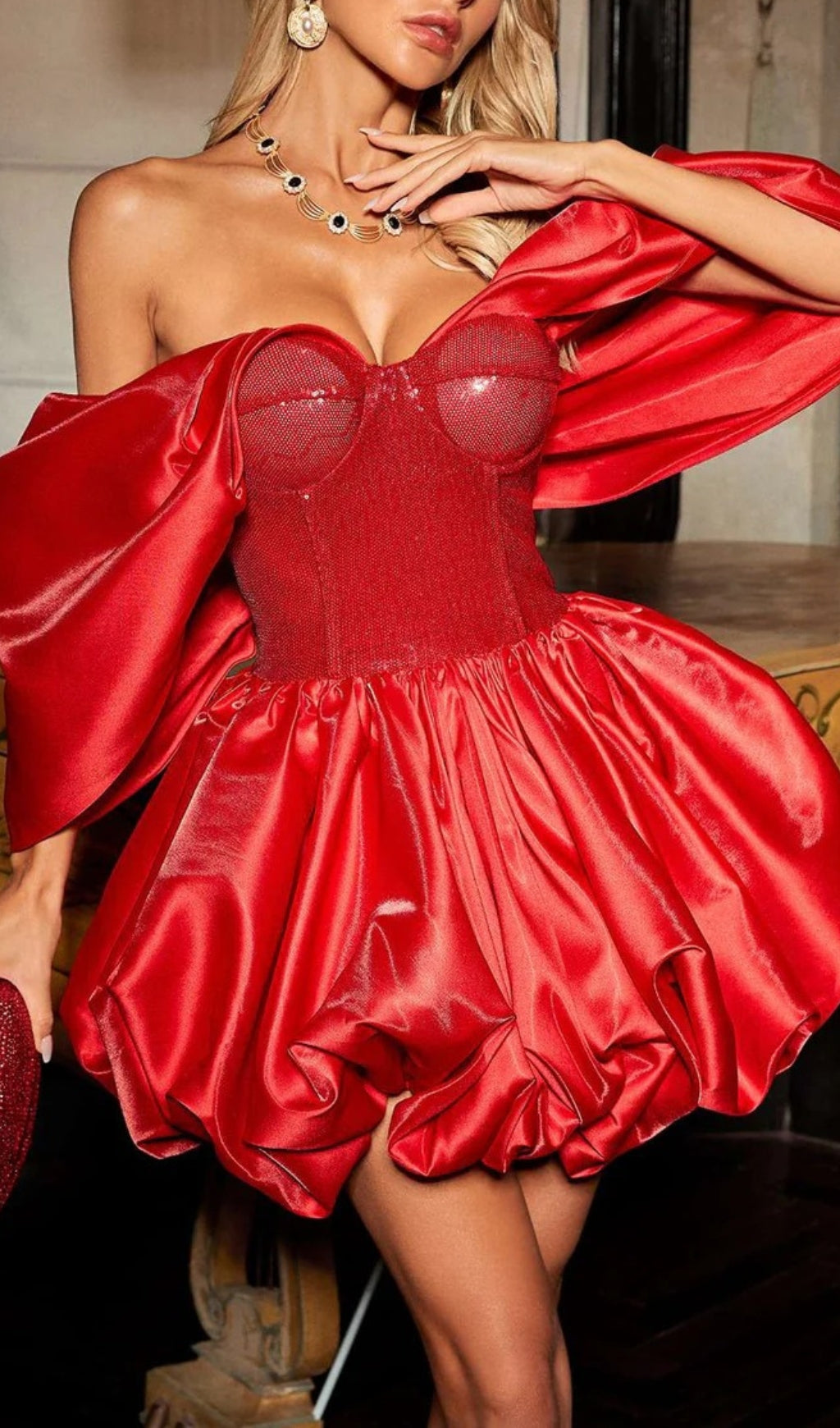 Tabea Red Sequin Off Shoulder Bubble Mini Dress