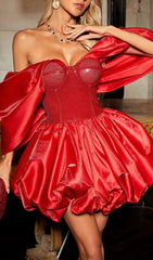 Tabea Red Sequin Off Shoulder Bubble Mini Dress
