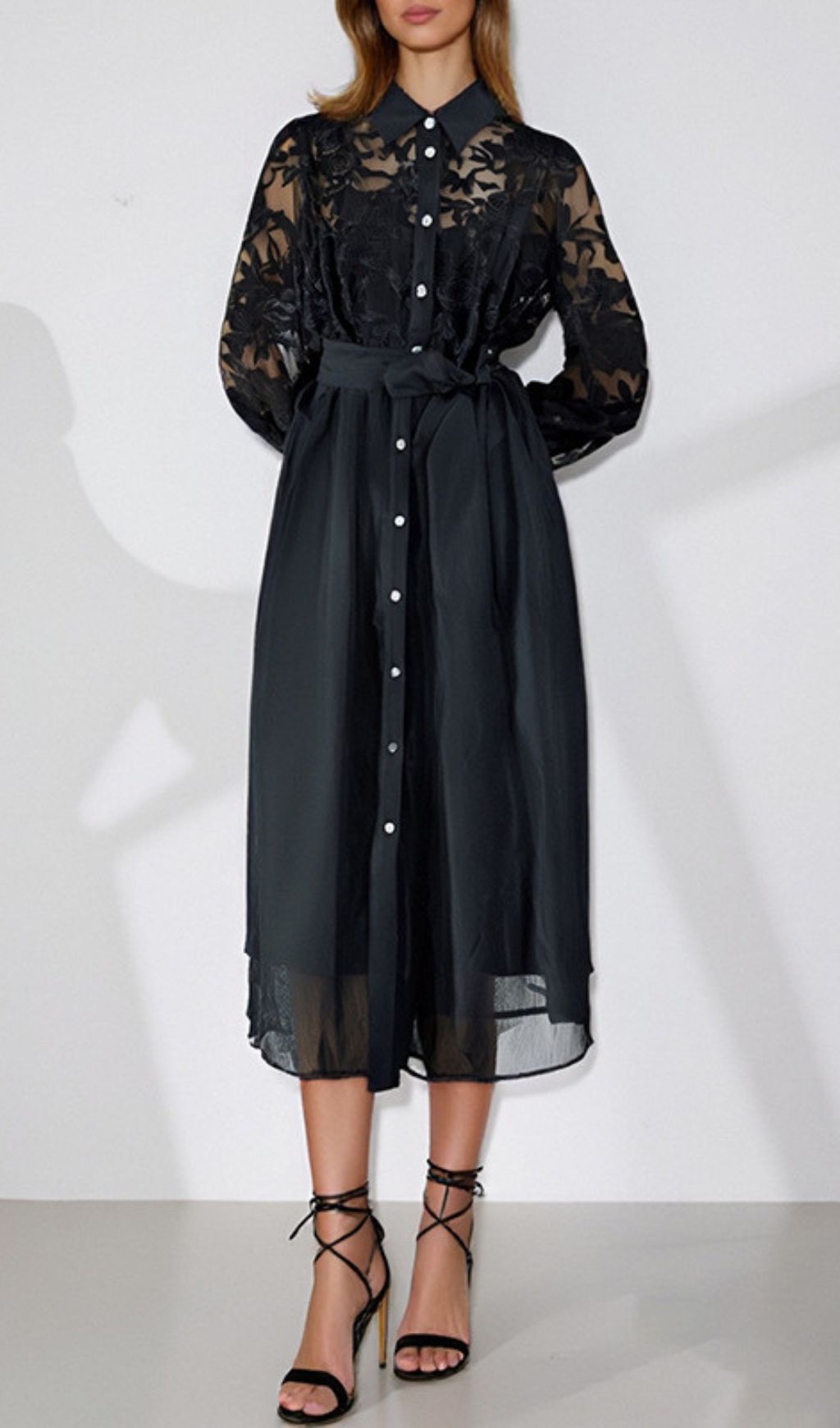 Haidee Chic Black Embroidered Sheer Sleeve Midi Dress