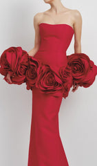 Domino Strapless 3D Rose Embellished Maxi Gown