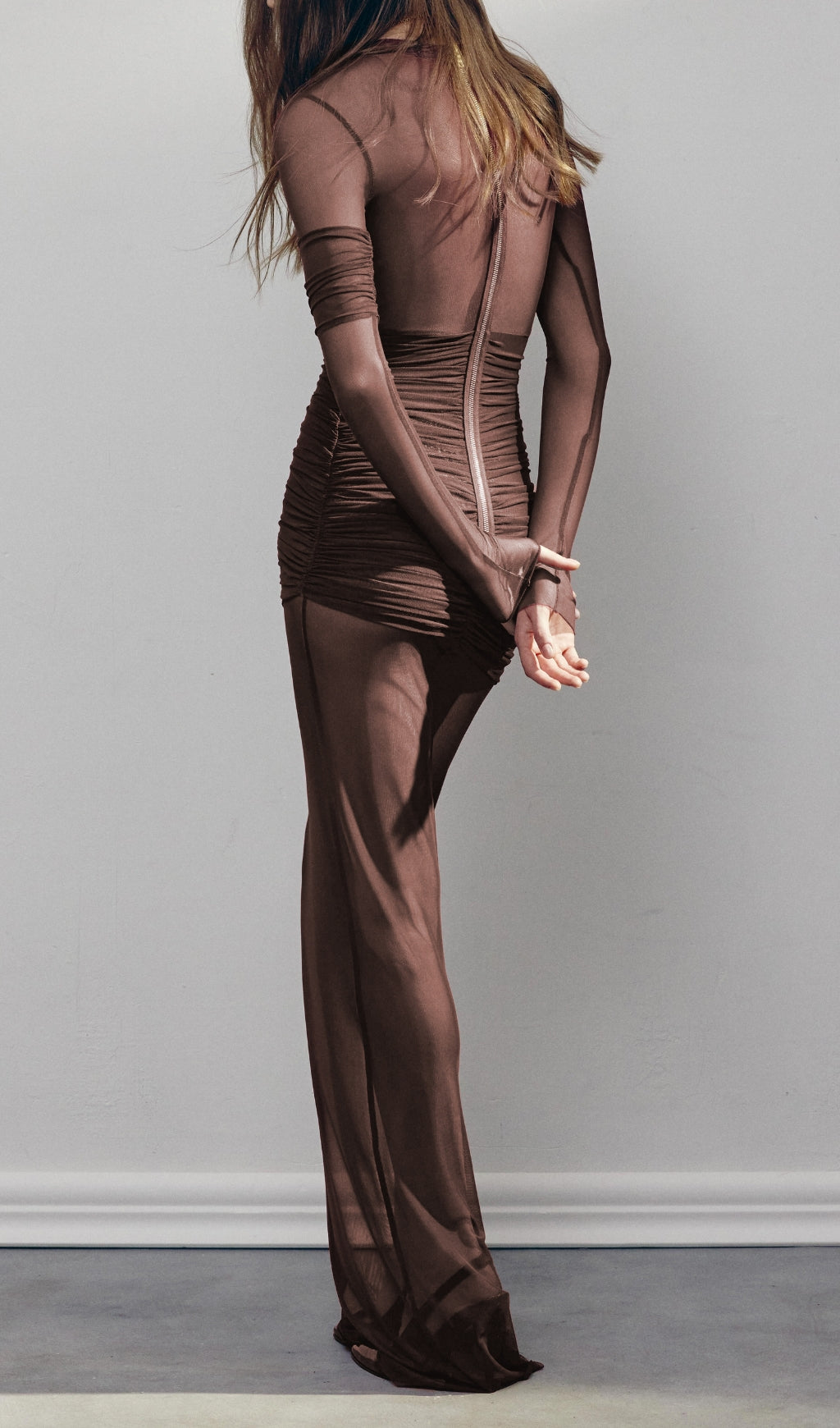 Sultry Bronze Draped Mesh Maxi Dress