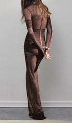 Sultry Bronze Draped Mesh Maxi Dress
