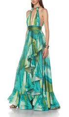 Farid Vibrant Tie-Dye Halter Maxi Dress with Ruffle High-Low Hem