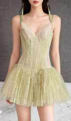Sage Green Lace Corset Mini Dress with Tulle Skirt