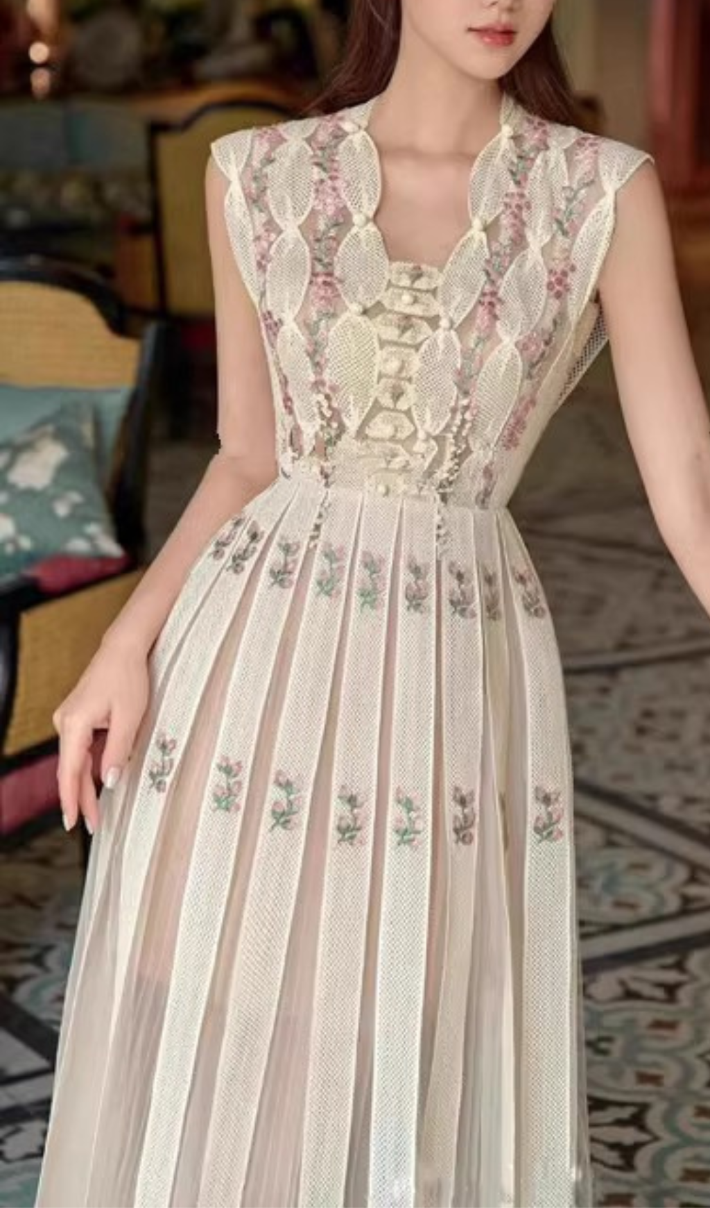 Arwyn Floral Embroidered Pleated Midi Dress