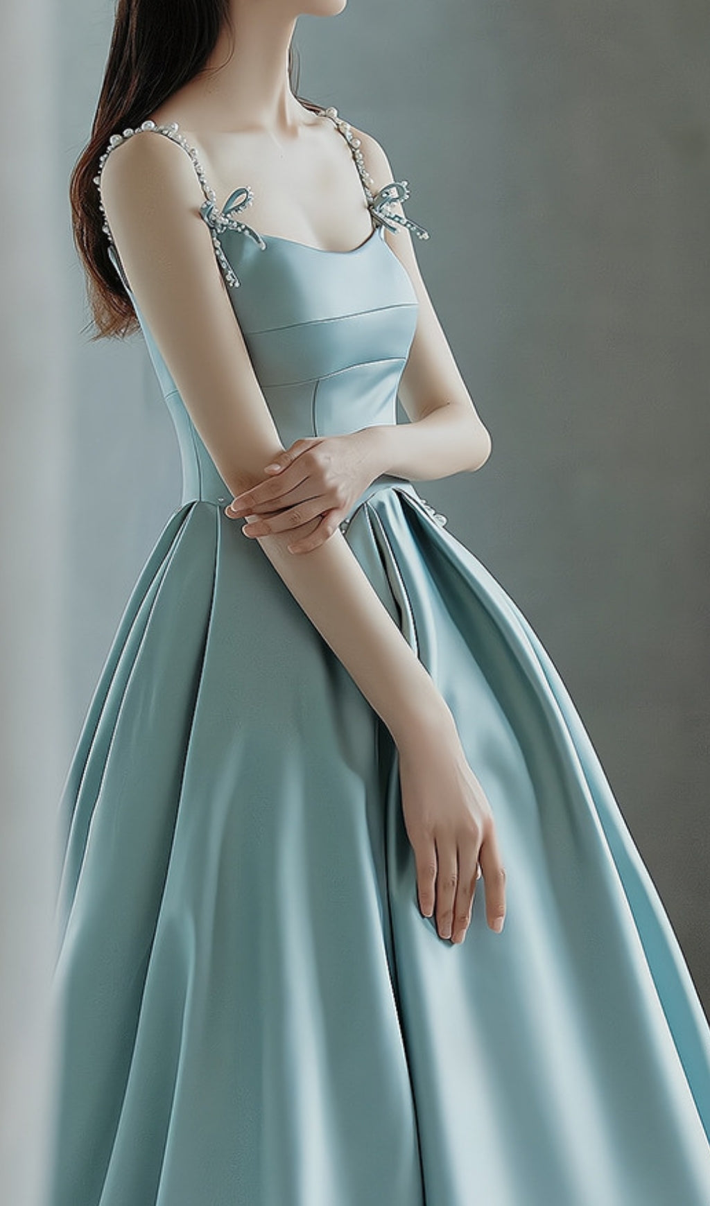 Elliette Enchanting Serene Blue Beaded Strappy Maxi Dress with Pockets