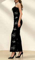 Inanna Black Feather Trim Velvet Embellished Strapless Maxi Gown