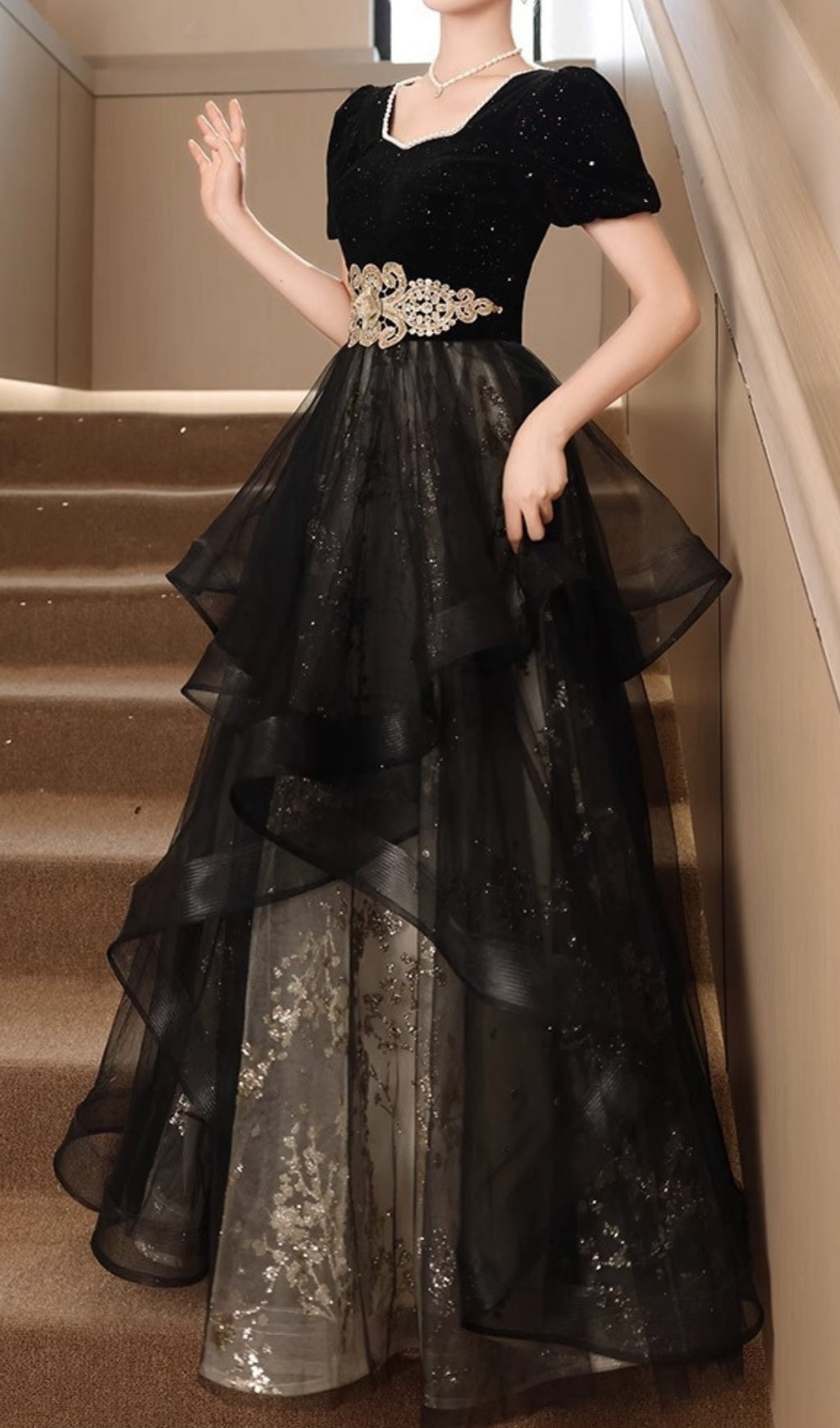 Chisuzu Black Sequin Mesh Maxi Gown