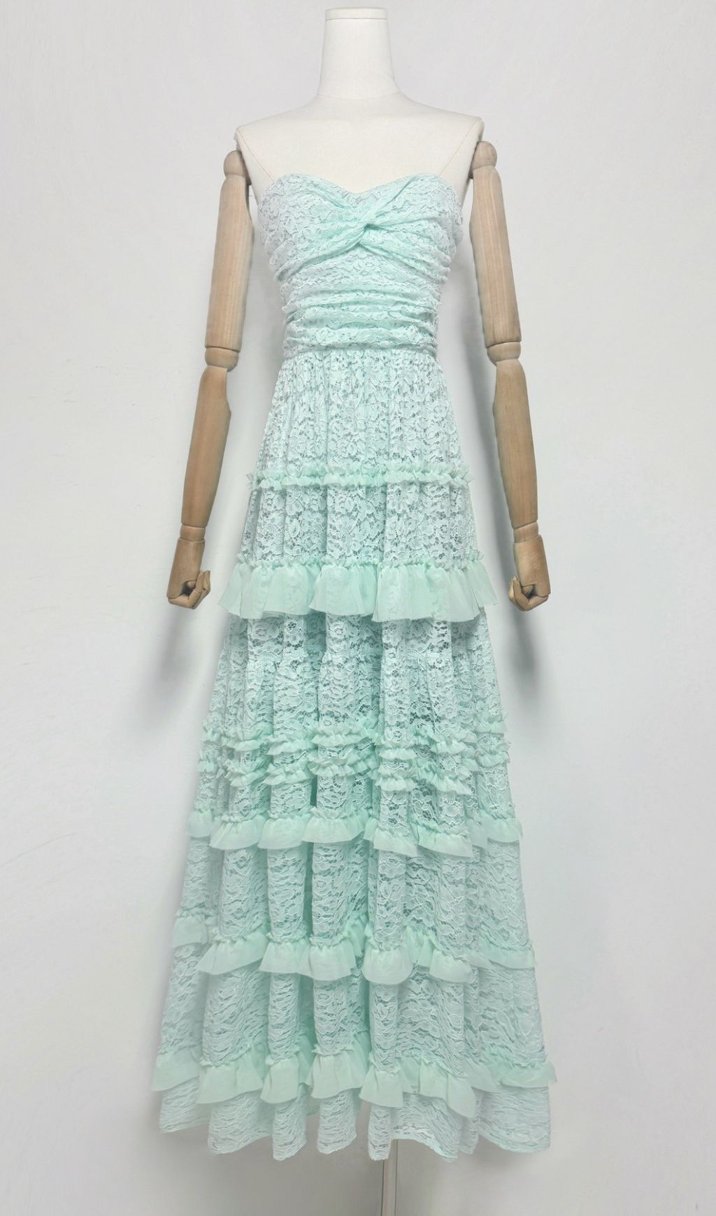 Glora Mint Green Strapless Tiered Lace Maxi Gown