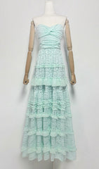 Glora Mint Green Strapless Tiered Lace Maxi Gown