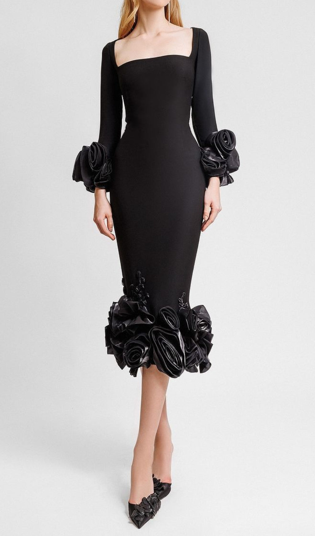 Catlin Black 3D Floral Rosette Bandage Midi Dress