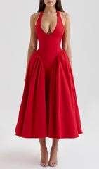 Dierdra Red Halter Neck Midi Dress