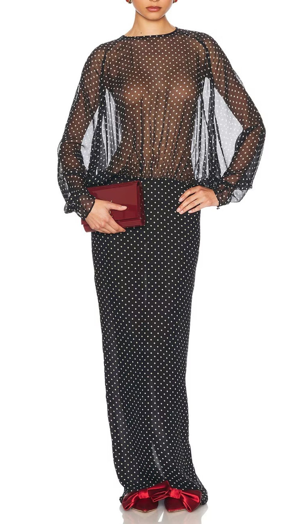 Chic Sheer Polka Dot Long Sleeve Maxi Dress