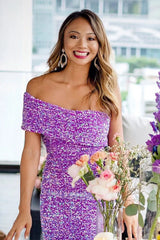 Dazzling Purple Sequin Strapless Midi Dress