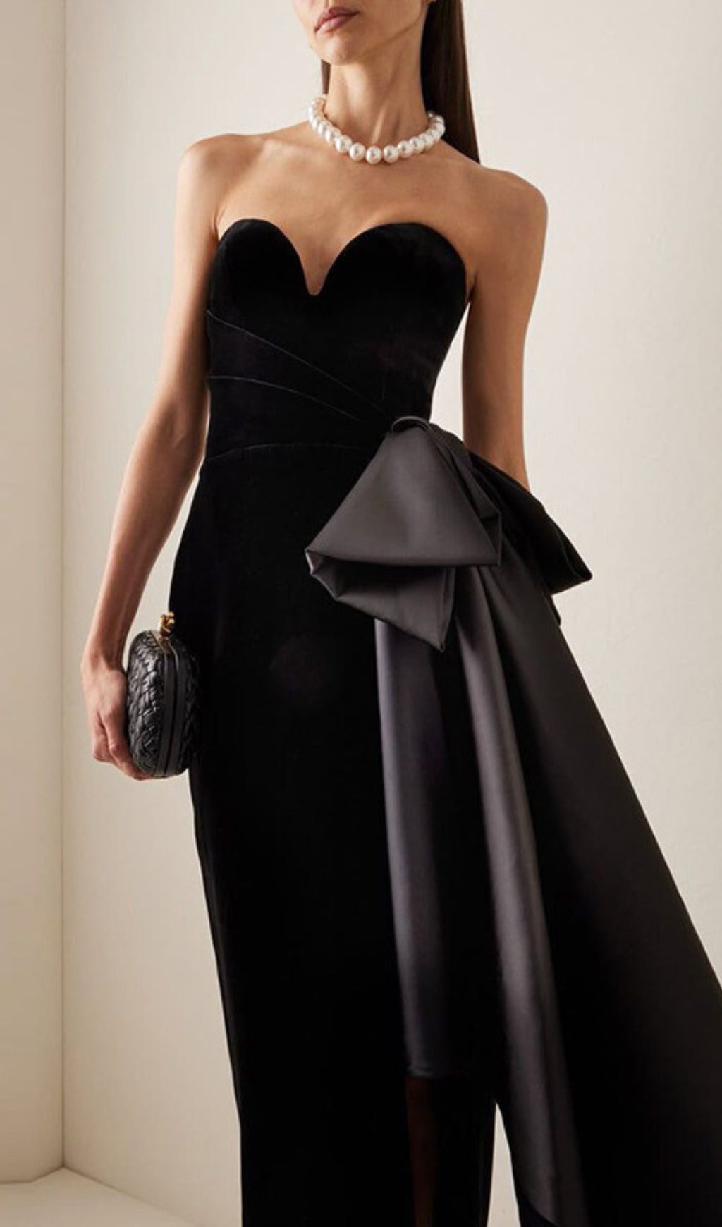 Desdra Black Velvet Strapless Maxi Dress with Statement Bow