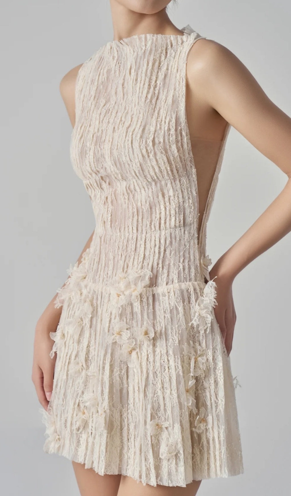 Darda Chic Beige Floral Lace Mini Dress