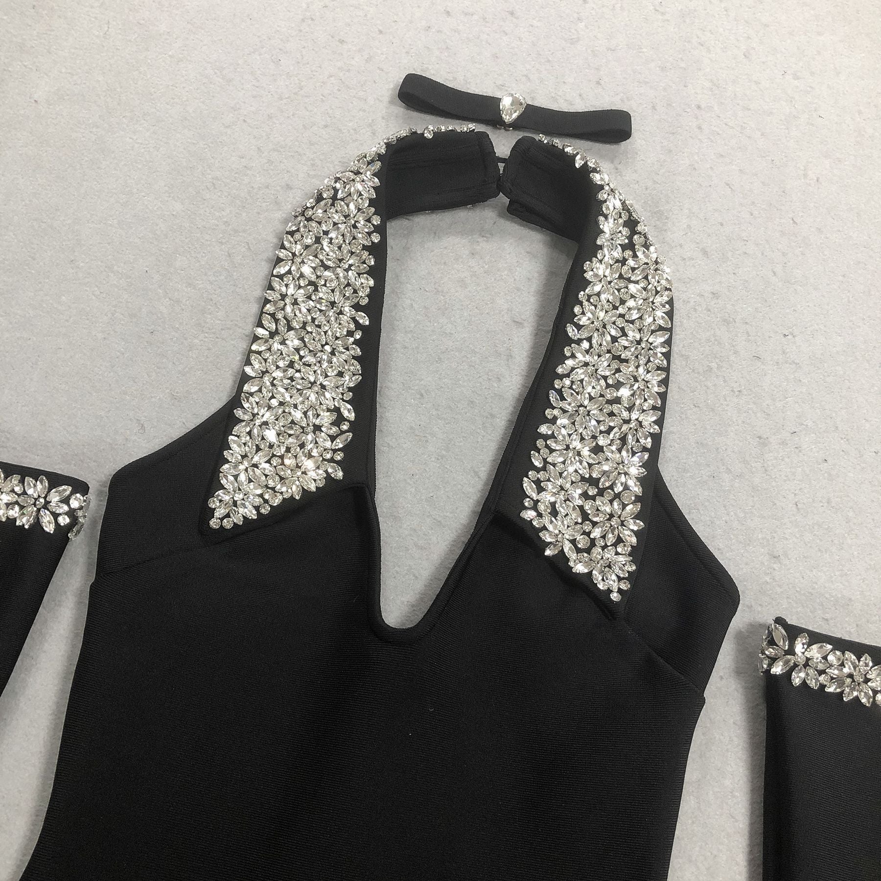 Jeneal Black Diamante Halter Midi Bandage Dress